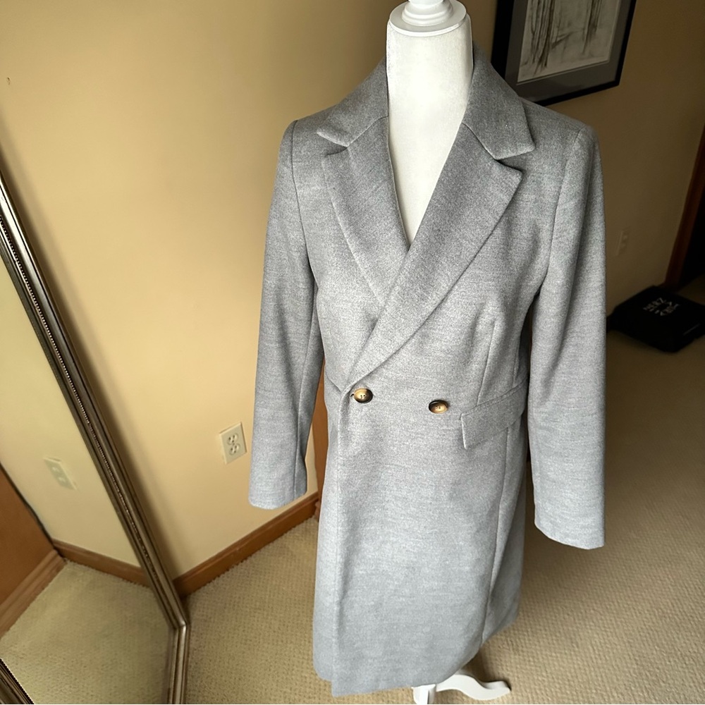 Topshop Grey Women’s Long Double Breasted Coat Quiet Luxury Elegant Classic